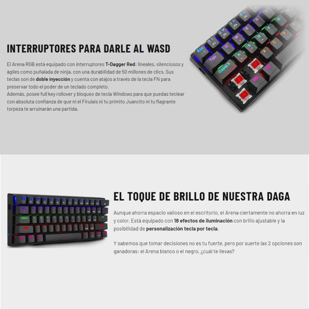 T-Dagger Teclado Mecánico T-TGK321 Arena Lite Switch Red 60% Rainbow Español LAT negro antighosting RGB