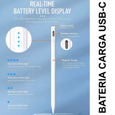 Lápiz Óptico Digital Capacitivo Recargable USB-C con Punta de Precisión 1.5mm para Tablet Blanco