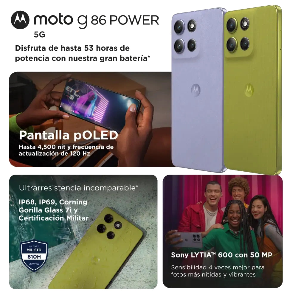 Celular Motorola G86 Power SIM+eSIM 5G, 6.67'' 256GB/8GB IP68/IP69 6720mAh/30W, Verde
