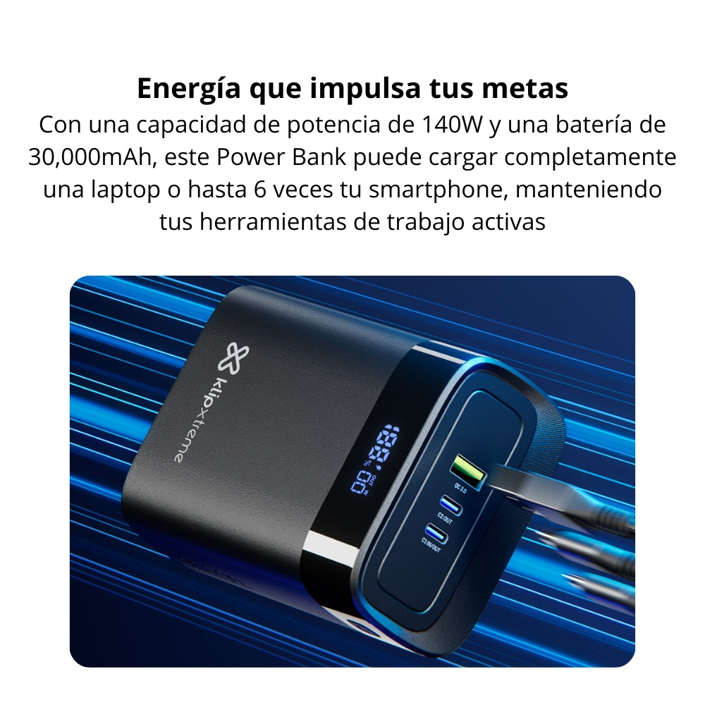 Batería Power Bank Klip Xtreme PowerCell KPB-850 | 30.000mAh Carga Rápida 140W 2xUSB-C PD + USB-A QC 3.0