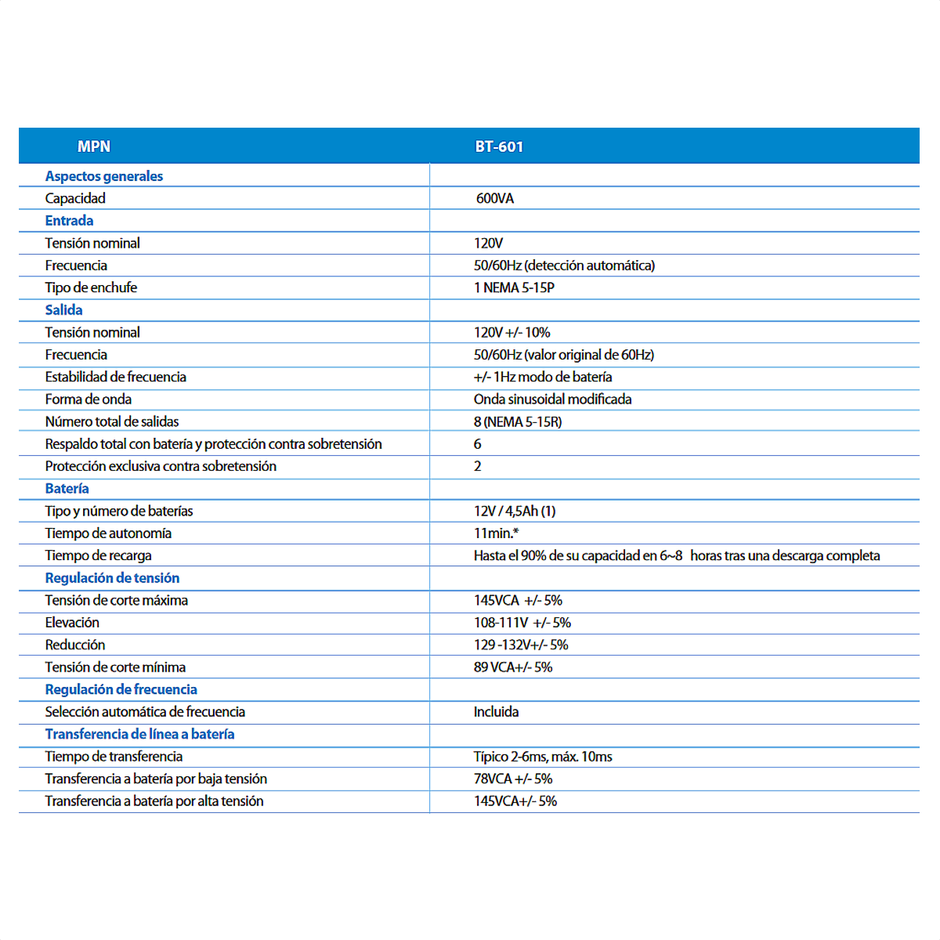 UPS Interactiva Forza BT-601 de 600VA/360W con 8 Tomas y Regulador