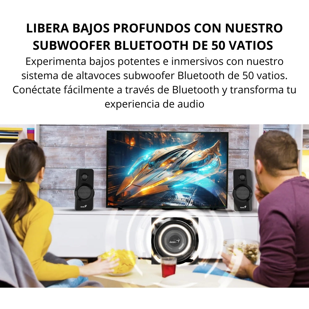 Sistema de Sonido Genius SW-2.1 1850BT 50W con Bluetooth 5.3, Subwoofer Potente 2.1 y Control Remoto