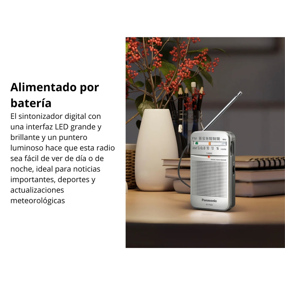 Radio Portátil de Bolsillo Panasonic RF-P50D AM/FM Sintonizador Digital AFC Indicador LED Altavoz - Plata