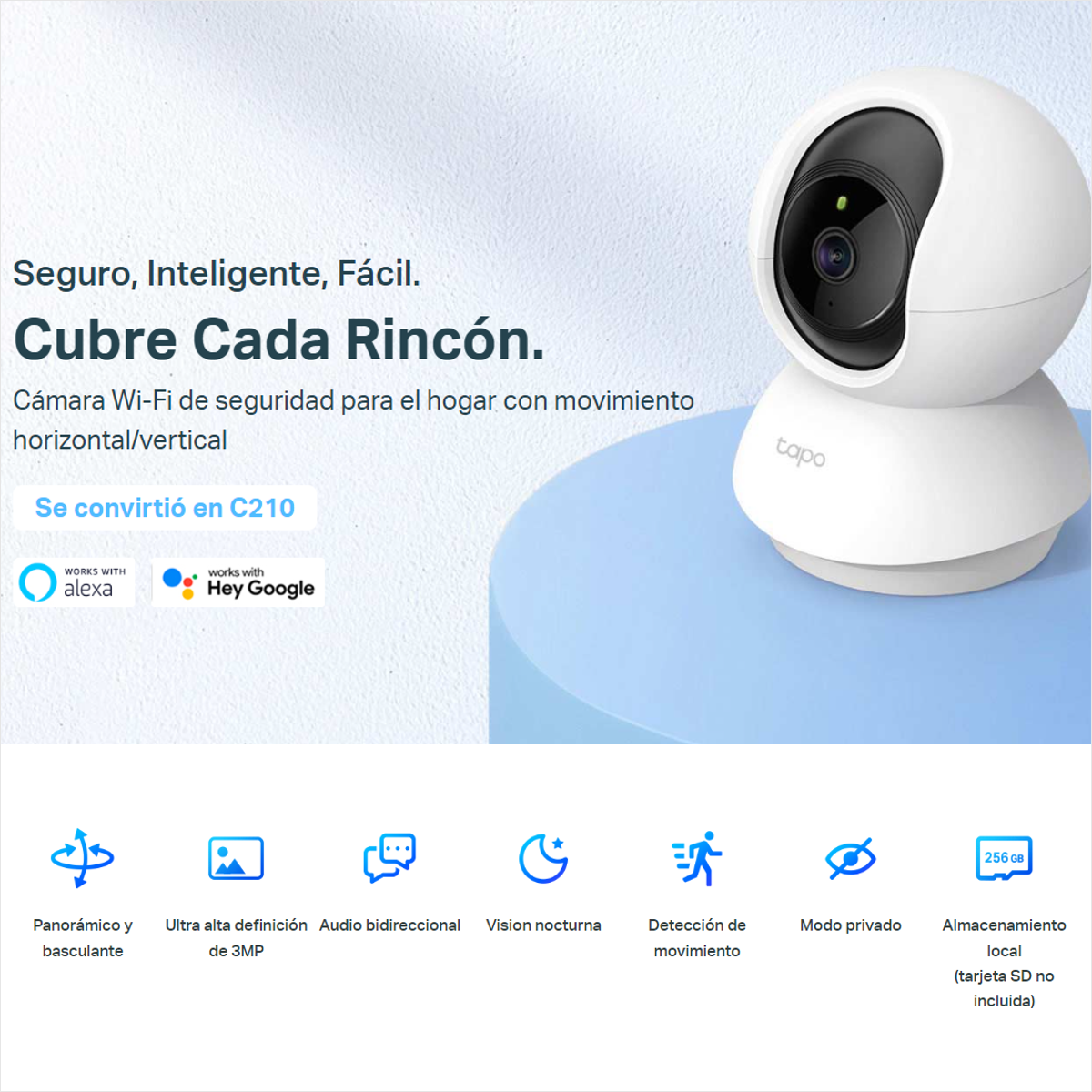 Cámara WiFi TP-Link Tapo C210 360° 2K 3MP Visión Nocturna Seguimiento Automático y Compatible con Alexa + Micro SD 256GB