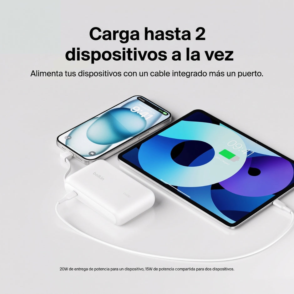 Batería Portátil Power Bank Belkin BoostCharge 10000mAh 20W Power Delivery Cable USB-C Integrado - Blanco