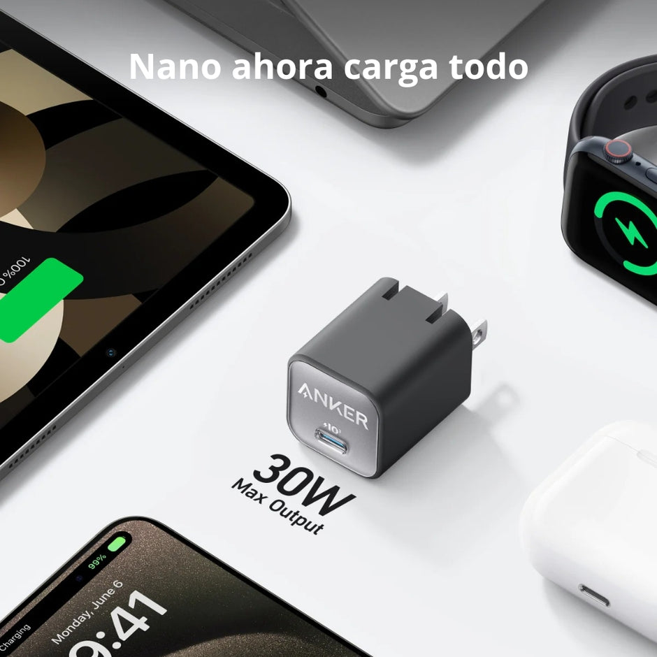 Cargador Anker Nano A2147 USB-C Power Delivery 30W Carga Rápida para iPhone, Android y iPad Negro