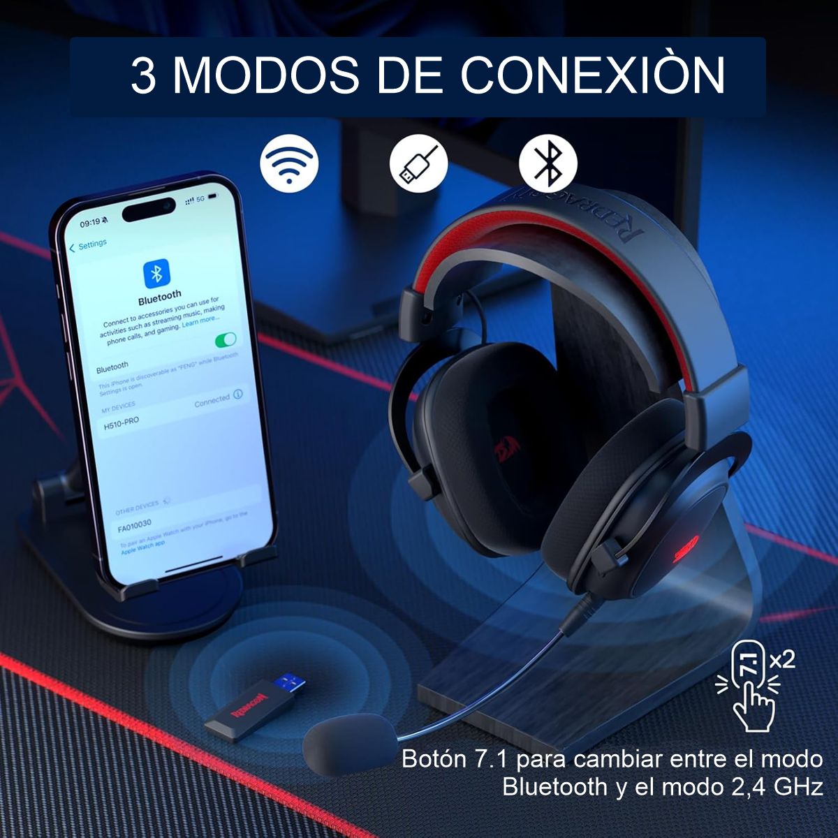 Audífonos Diadema Gamer Inalámbrica 7.1 Redragon Zeus H510 PRO Bluetooth/2.4GHz/USB Drivers 53mm - Negro
