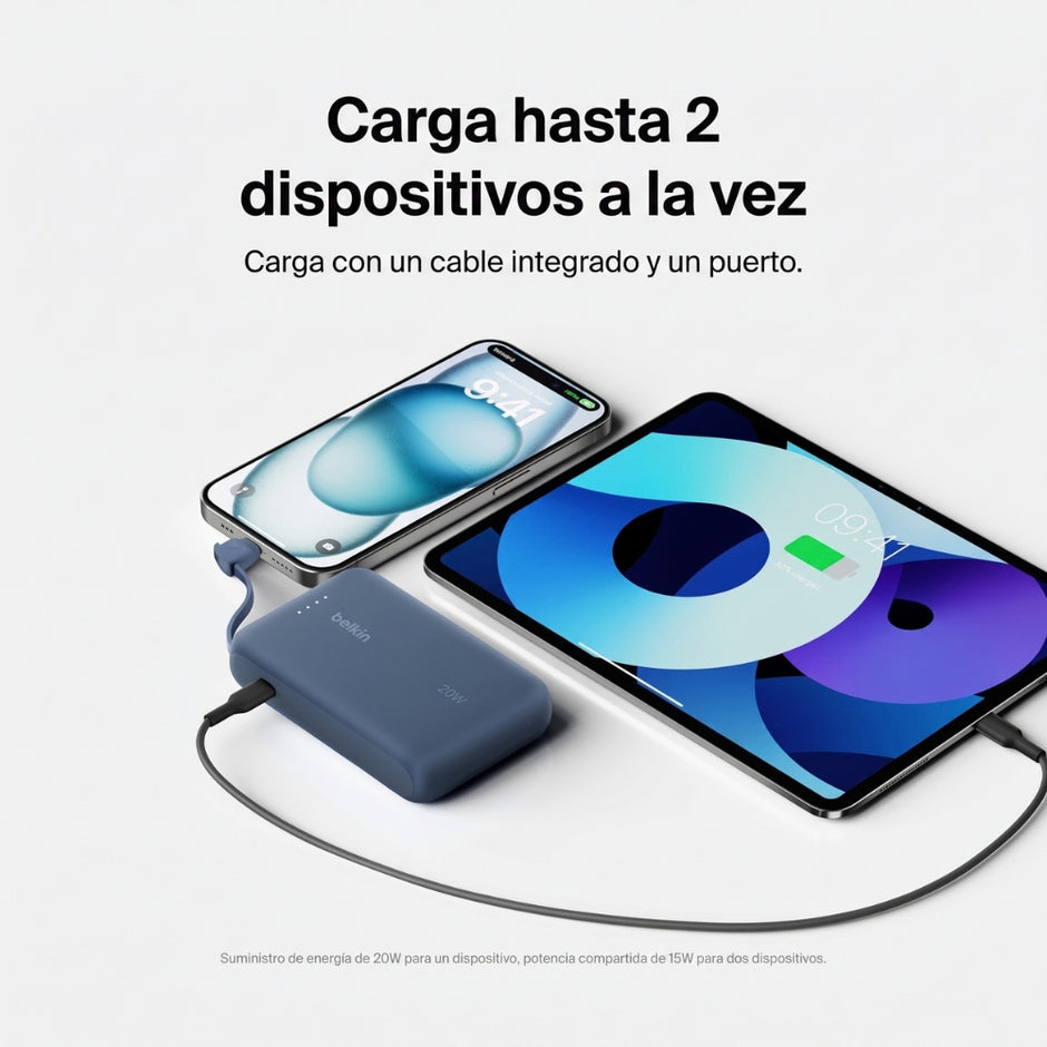 Batería Portátil Power Bank Belkin BoostCharge 10000mAh 20W Power Delivery Cable USB-C Integrado - Azul