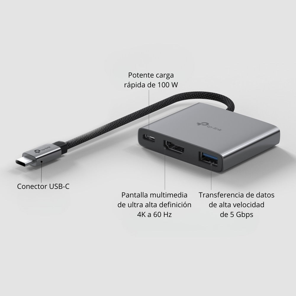 Hub USB-C TP-Link UH3020C 3 en 1 con HDMI 4K, 2x USB 3.0, USB-C PD 100W y Conexión LAN Para Laptop y PC