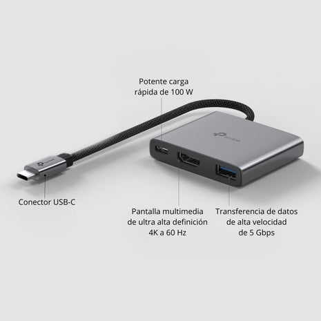 Hub USB-C TP-Link UH3020C 3 en 1 con HDMI 4K, 2x USB 3.0, USB-C PD 100W y Conexión LAN Para Laptop y PC