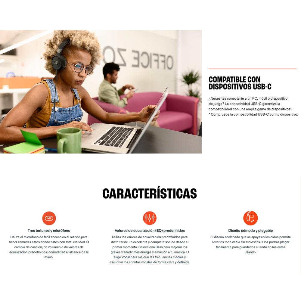 Jbl Tune 520c Diadema Manos Libres Usb-c / Sonido Pure Bass Negro