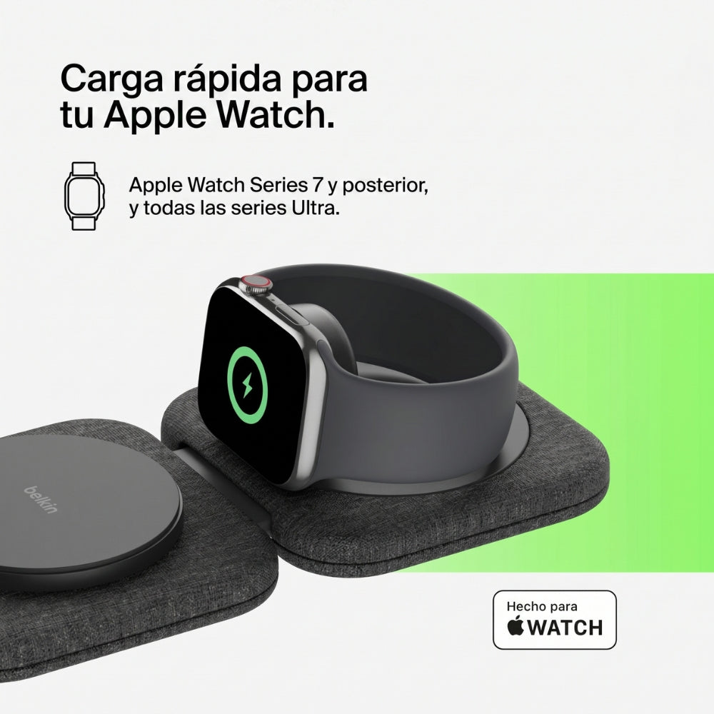 Cargador Inalámbrico Belkin 2 en 1 Magnetic Travel Pad Qi2 WIZ026ttBK 15W iPhone AirPods Carga Rápida