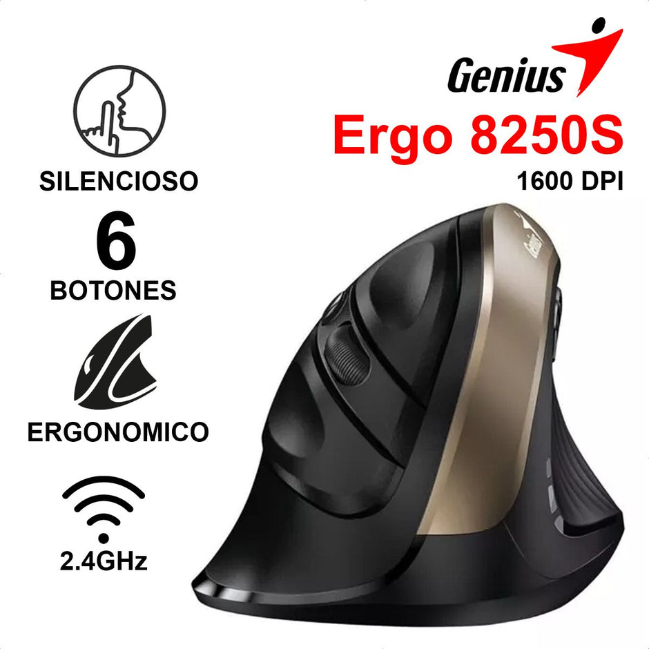 Mouse Vertical Genius Ergo 8250s Inalámbrico 6 Botones, Negro-dorado