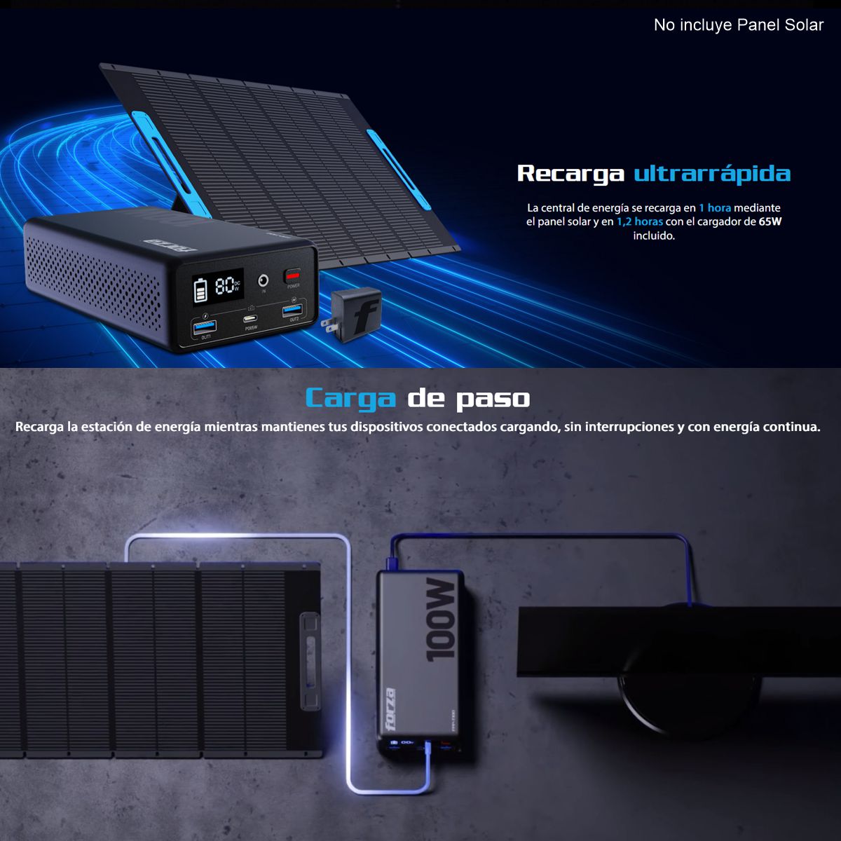 Central Eléctrica Portátil Forza FPP-T100 USB-C PD 65W Salida AC 110V 100W Apto Avión Laptop/Drones