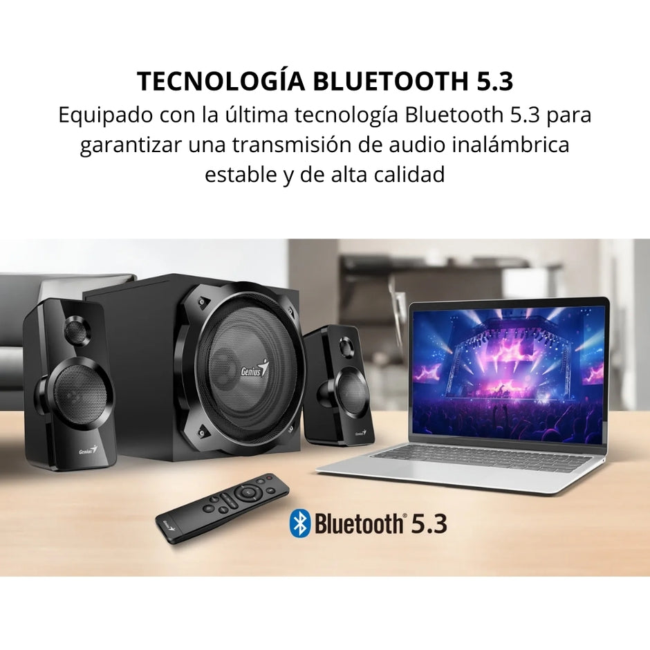 Sistema de Sonido Genius SW-2.1 1850BT 50W con Bluetooth 5.3, Subwoofer Potente 2.1 y Control Remoto