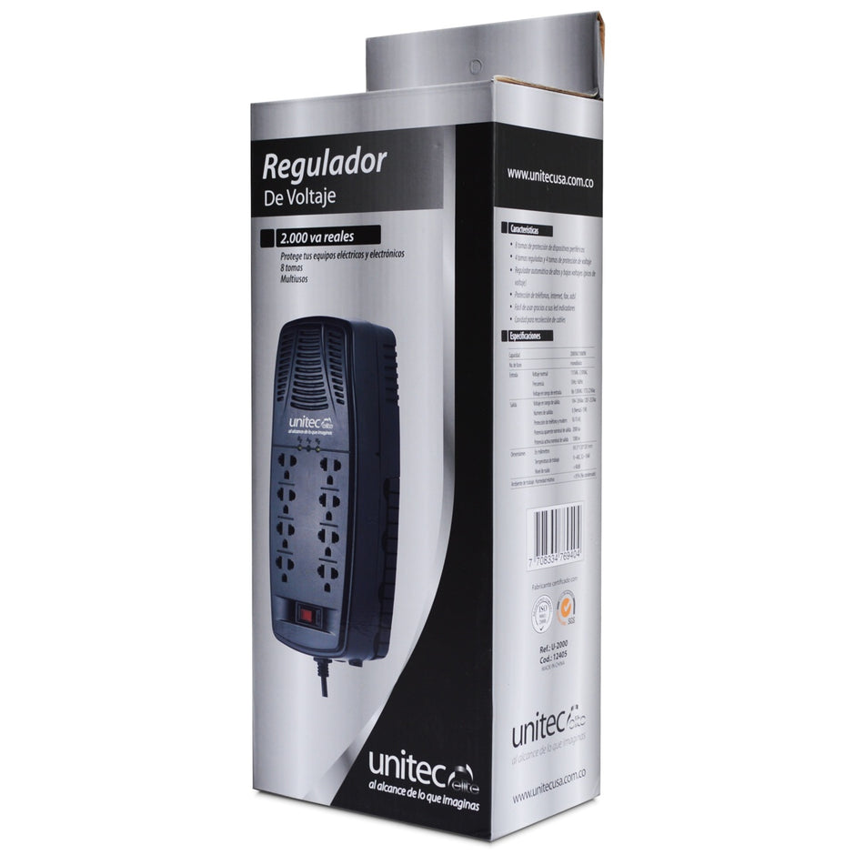 Regulador de Voltaje Automático Unitec de 2000VA con 8 Tomas Protegidas
