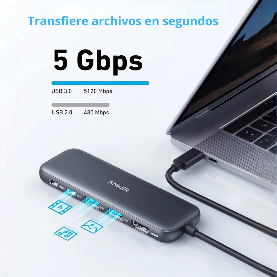 Hub USB-C 5 en 1 Anker 332 con HDMI 4K, 2 USB-A, USB-C y Power Delivery 100W para Laptop