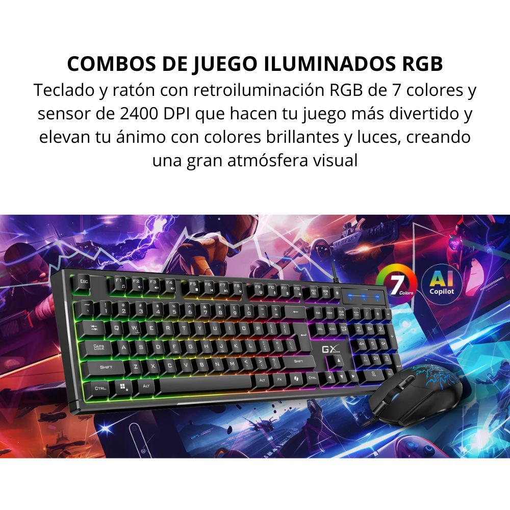 Combo Gamer Teclado y Mouse Genius Scorpion KM-GX3 Retroiluminado RGB con AI Copilot - Negro