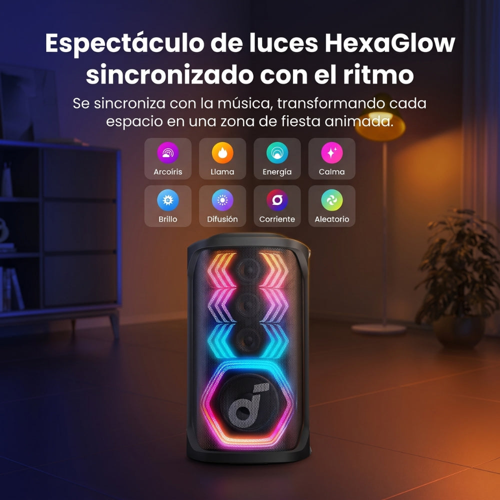 Parlante Bluetooth Portátil Soundcore Rave 3S para Fiestas Luces LED Karaoke IA 2 Mics Sonido 200W