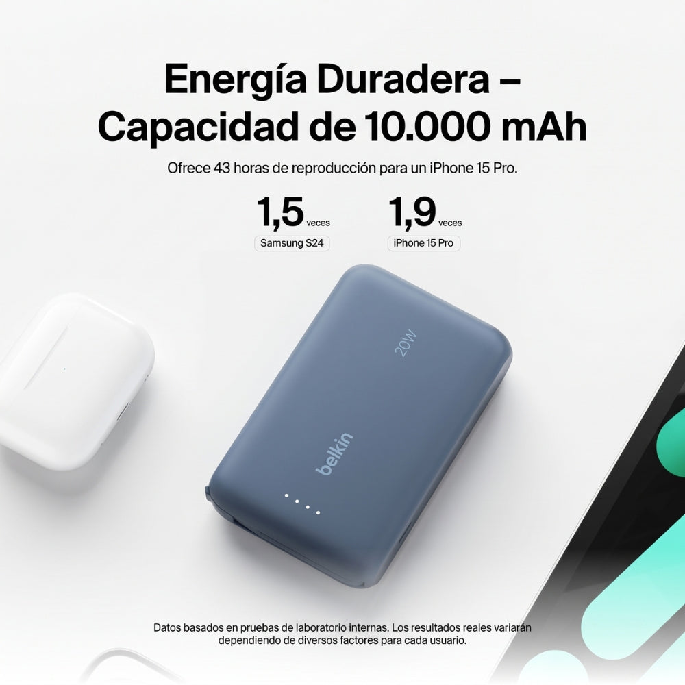 Batería Portátil Power Bank Belkin BoostCharge 10000mAh 20W Power Delivery Cable USB-C Integrado - Azul
