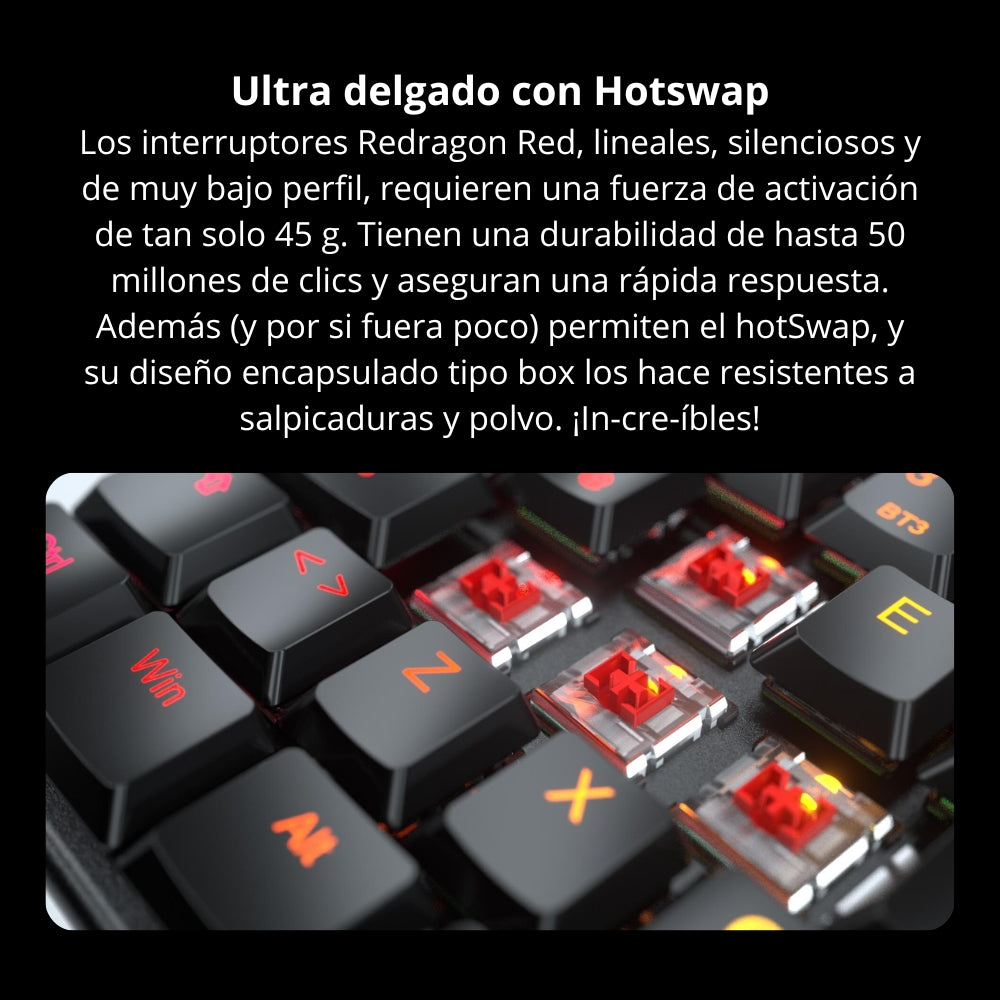 Teclado Gamer Mecanico Redragon Horus TKL Inalambrico Bajo Perfil Switch Red - Negro