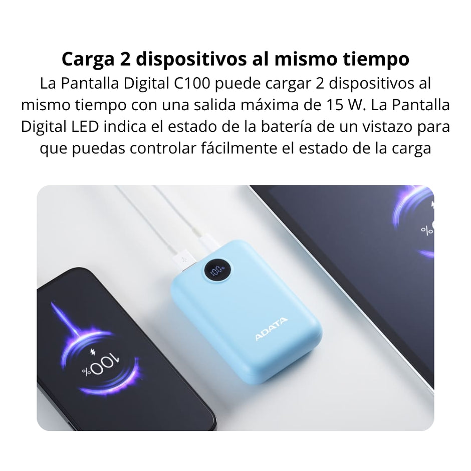 Power Bank Adata C100 Patalla Digital 10000mah 20W USB-C/USB-A y Carga Rápida QC/PD - Negro