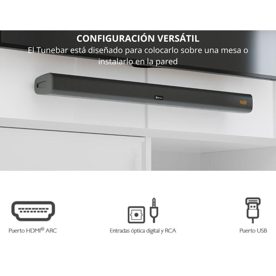 Barra de Sonido Klip Xtreme Tunebar 60W RMS Bluetooth USB HDMI ARC Óptico Digital RCA + Control Remoto
