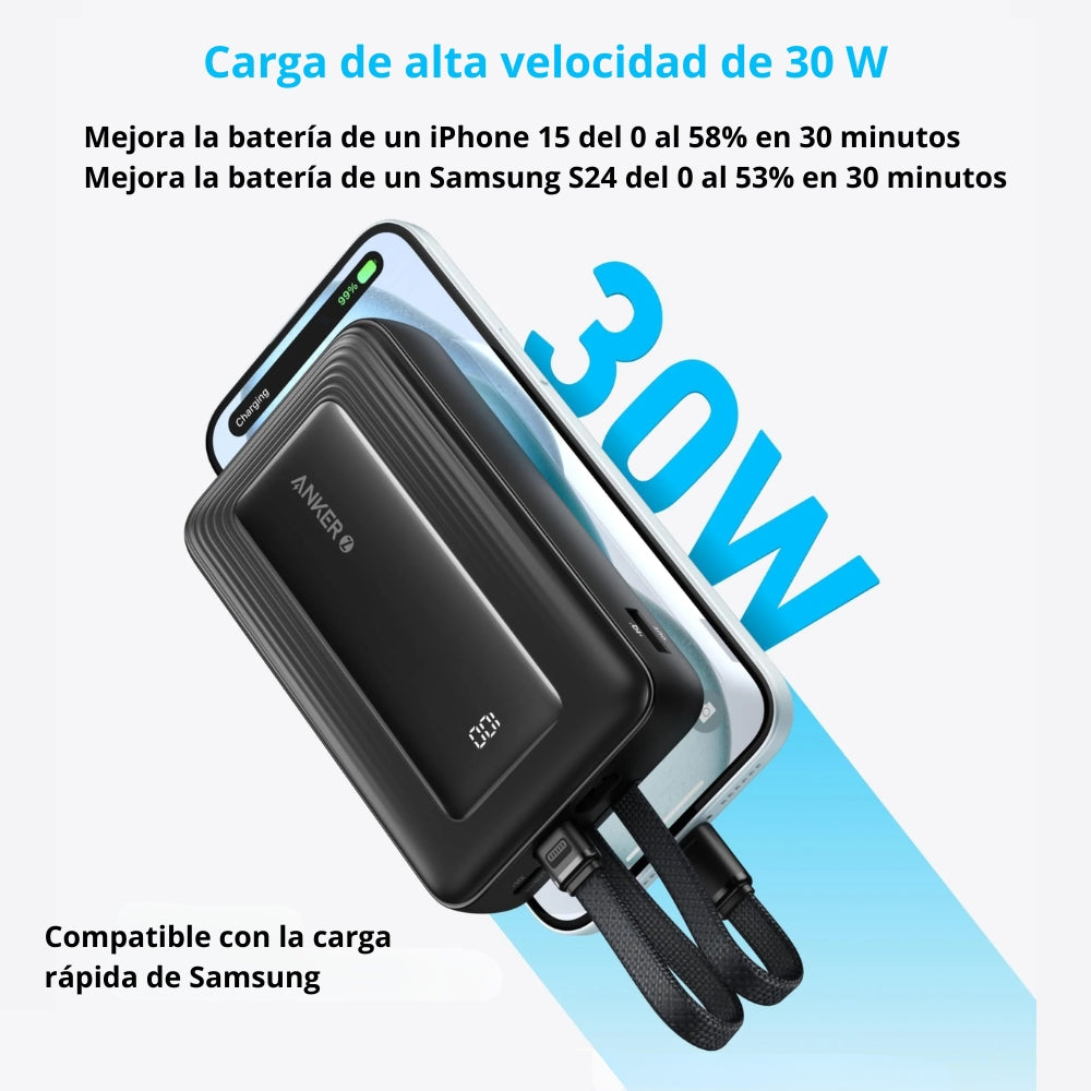 Batería Power Bank Anker Zolo 10000mAh Carga Rápida 30W Cables USB-C + Lightning Integrados iPhone - Negro