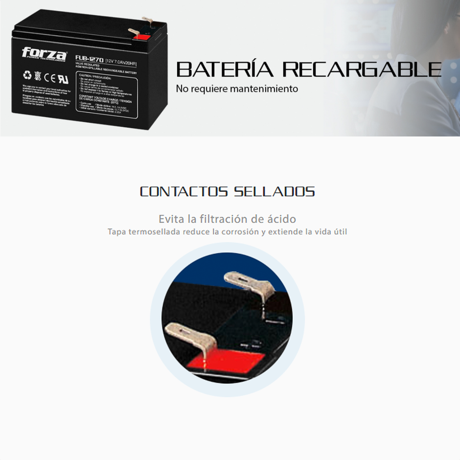 Batería Recargable 12V 7Ah Forza FUB-1270 AGM Sellada para UPS Alarmas y Sistemas de Seguridad