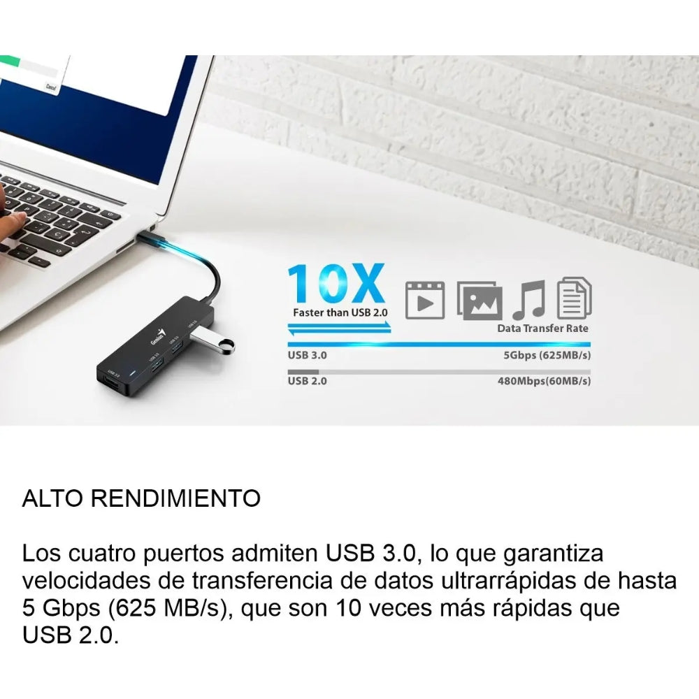 Hub Usb 3.0 Genius Uh-400 De 4 Puertos Color Negro
