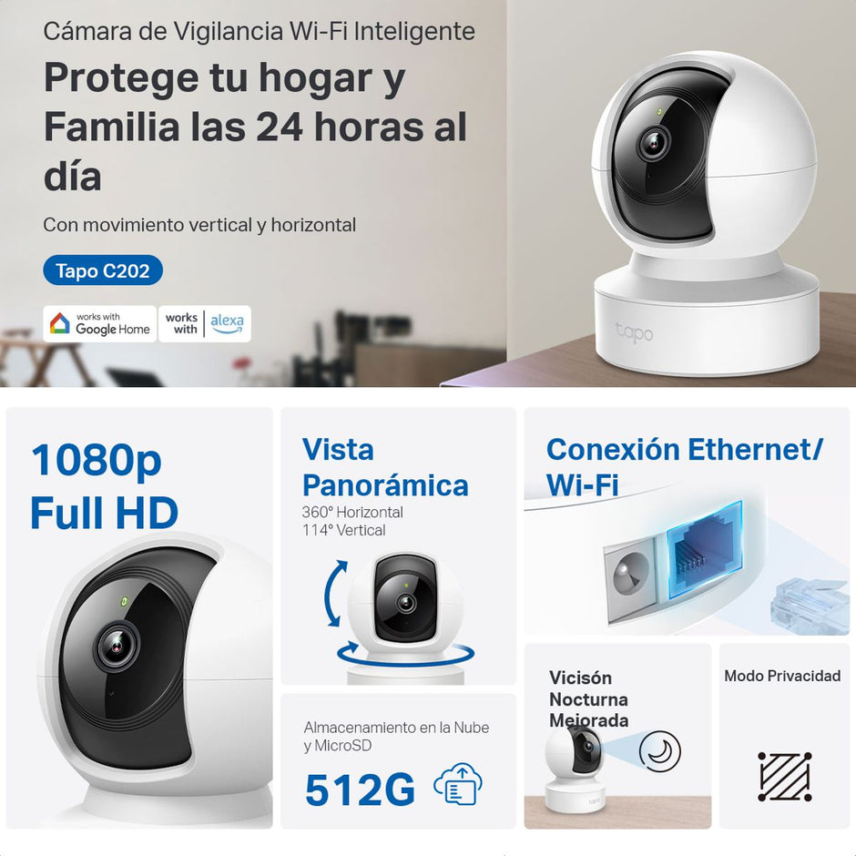 Cámara WiFi TP-Link Tapo C202 360º Full Hd 1080p Visión Nocturna Detección IA y Puerto Ethernet + Micro SD 64GB