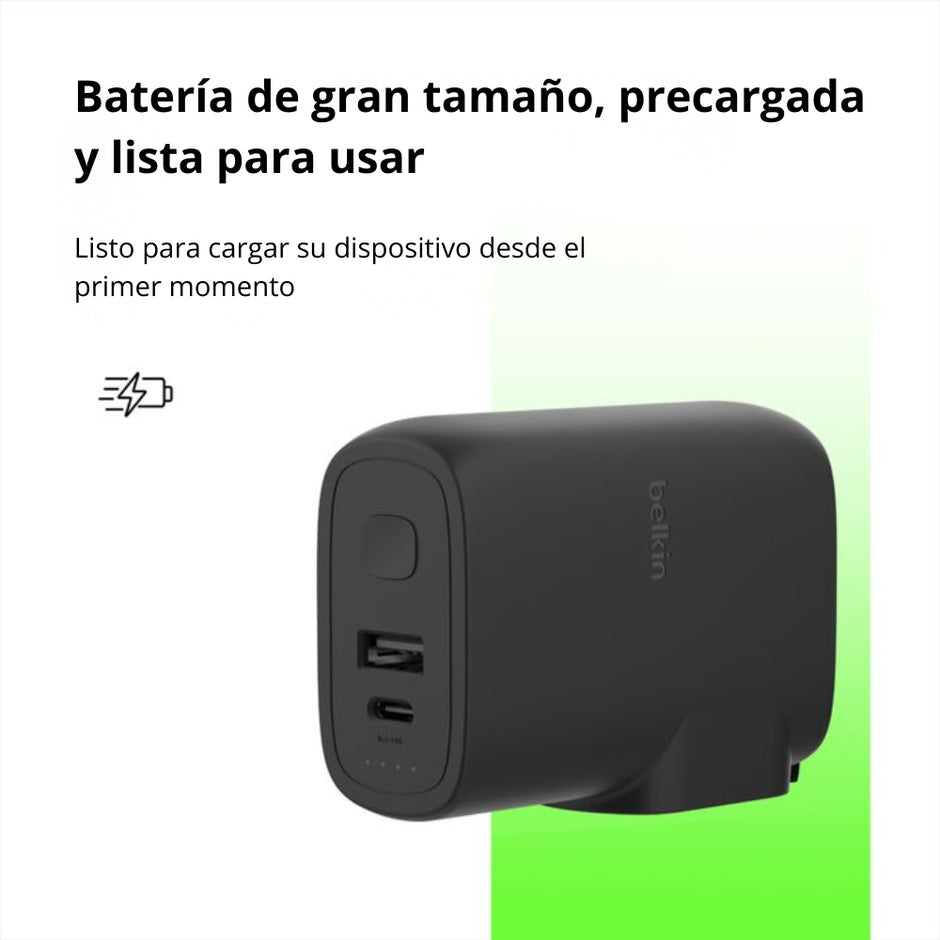 Cargador de Pared Belkin BPZ003dqBK USB-C PD 25W y USB-A + Power Bank 5000mAh Híbrido 2 en 1