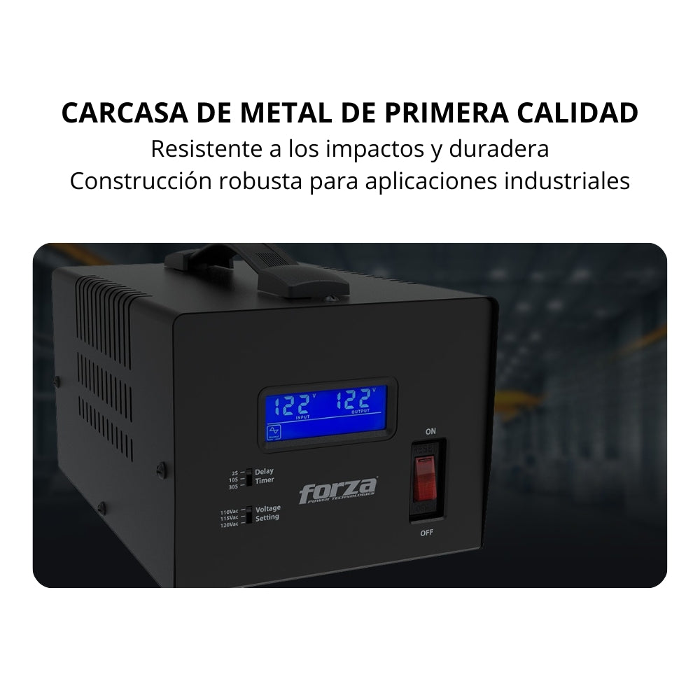 Regulador de Voltaje Forza FVR-3601 3600VA 1800W AVR con Pantalla LCD y 4 Tomas NEMA 5-15R