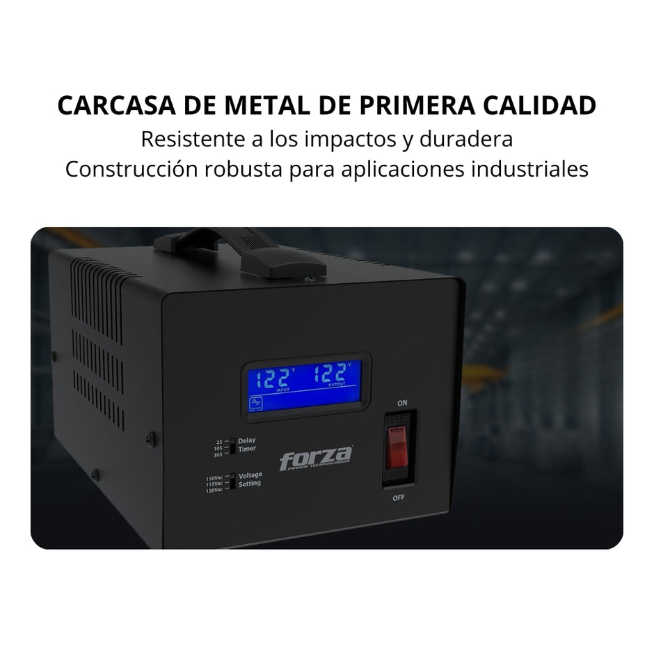 Regulador de Voltaje Forza FVR-3601 3600VA 1800W AVR con Pantalla LCD y 4 Tomas NEMA 5-15R