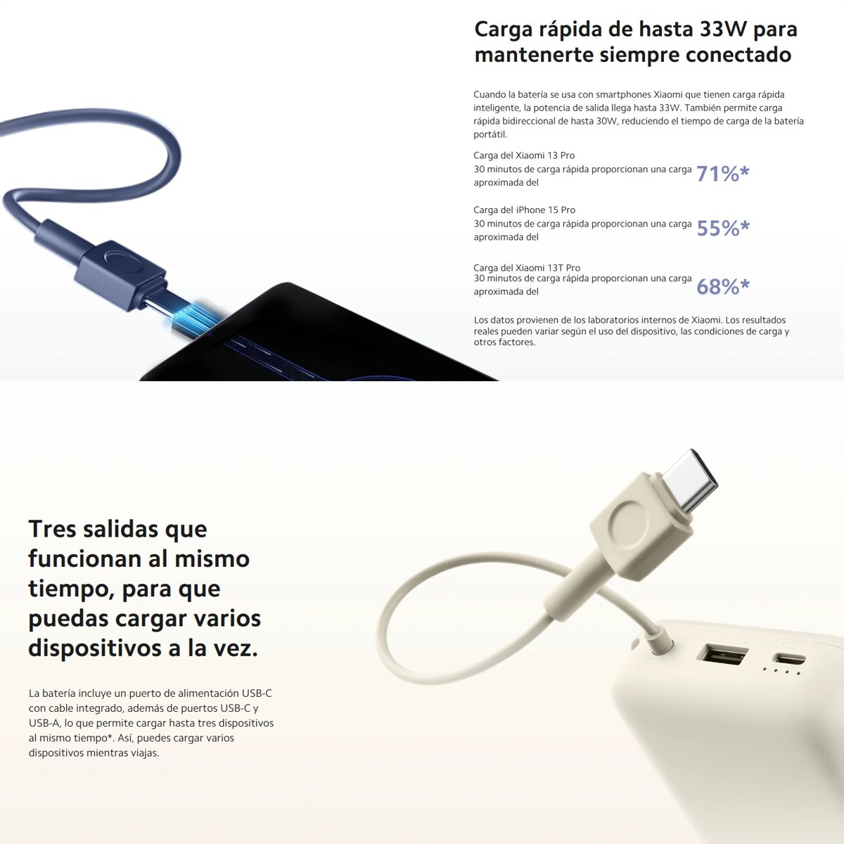 Power Bank Xiaomi 20000mAh 33W con Cable Integrado, Carga Rápida USB-C y 3 Dispositivos Simultáneos - Azul