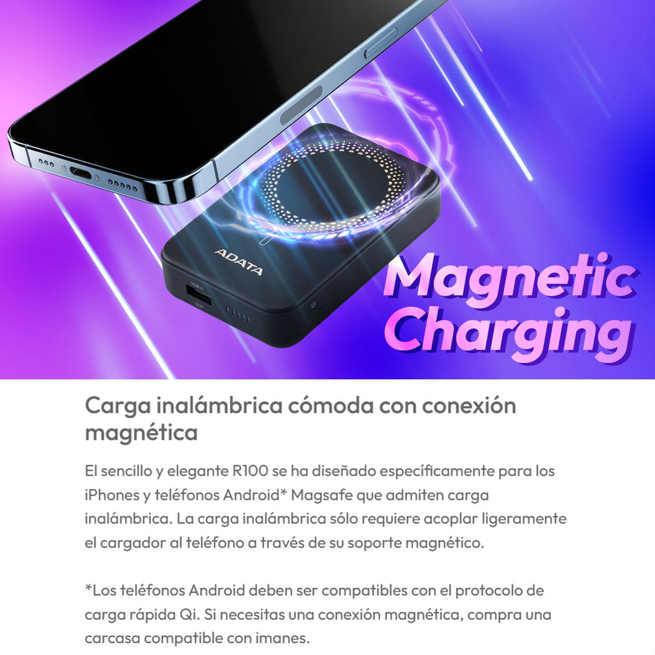 Power Bank ADATA R100 10000mAh Magnético con Carga Inalámbrica Qi y 20W USB-C PD para iPhone y Android