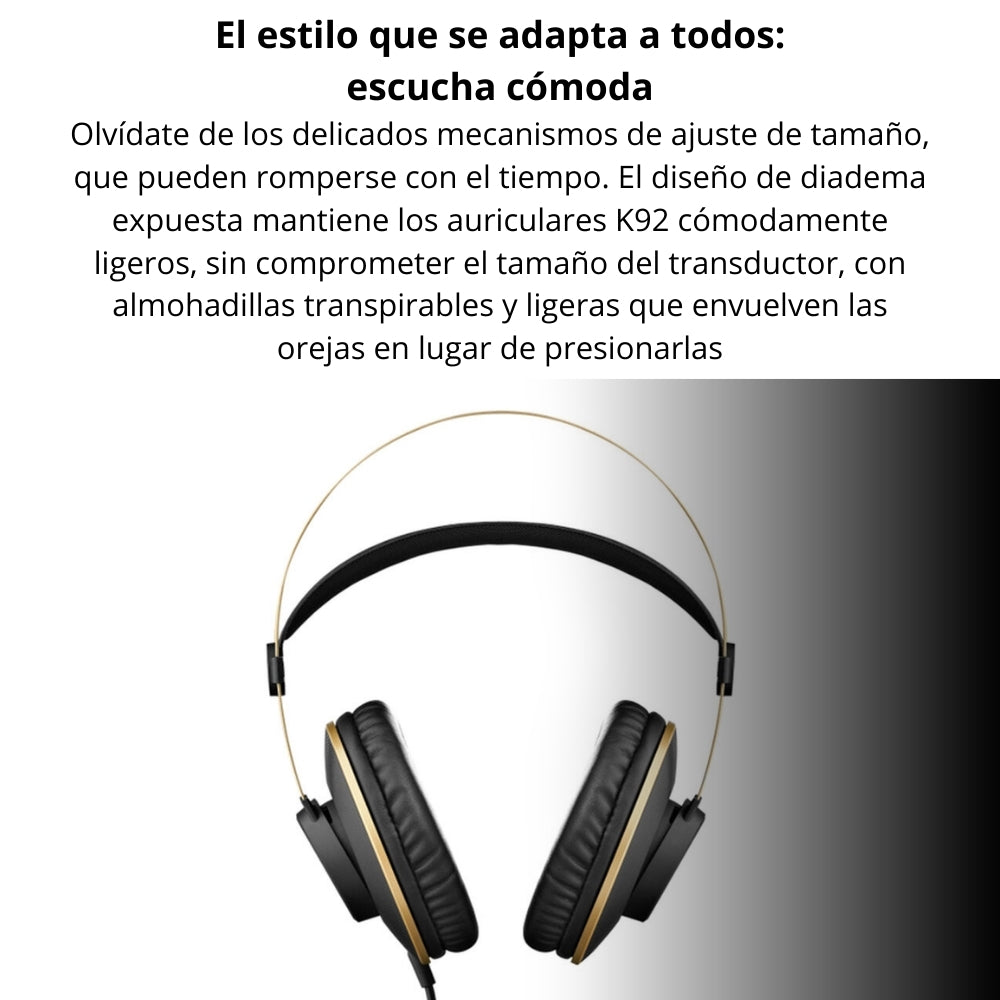Audífonos de Estudio AKG K92 Profesionales Cerrados Monitoreo 40mm 16Hz-22kHz Cable 3m - Negro/Oro