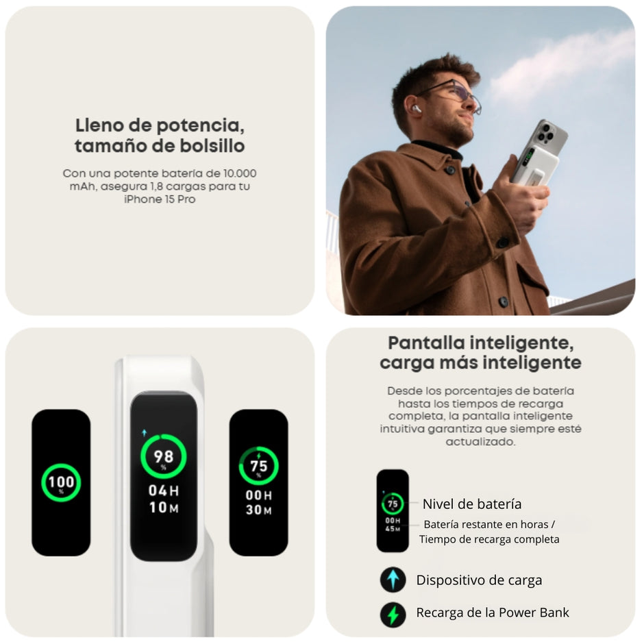 Batería Portátil Power Bank Anker MagGo 10000mAh Qi2 MagSafe/15W USB-C/27W Smart Display + Stand - Blanco