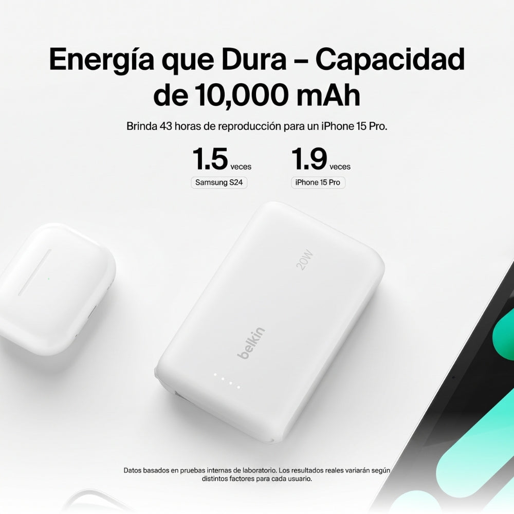Batería Portátil Power Bank Belkin BoostCharge 10000mAh 20W Power Delivery Cable USB-C Integrado - Blanco