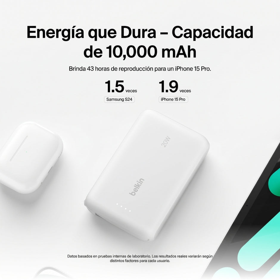 Batería Portátil Power Bank Belkin BoostCharge 10000mAh 20W Power Delivery Cable USB-C Integrado - Blanco