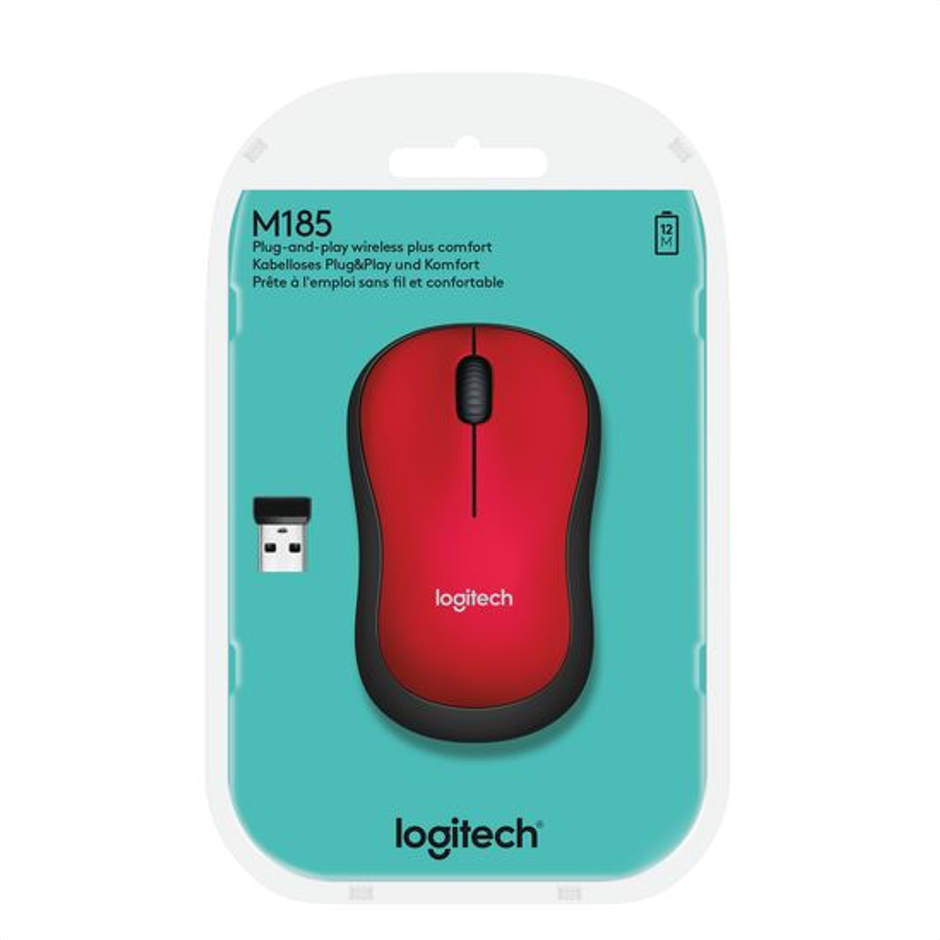 Logitech M185, Mouse Inalámbrico, Win Mac Chrome Linux Rojo