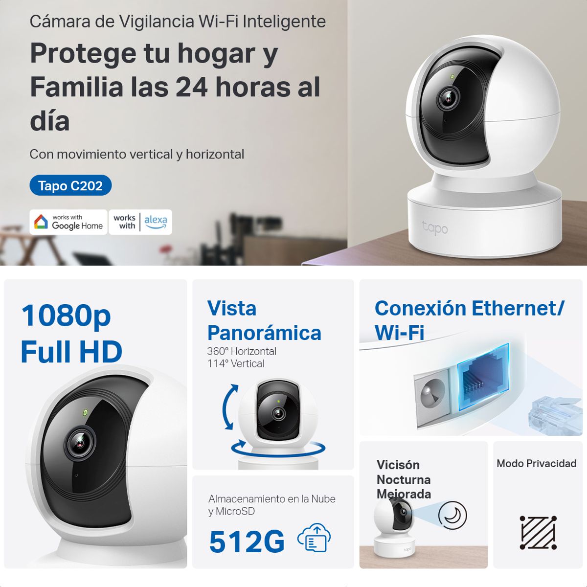Cámara WiFi TP-Link Tapo C202 360º Full Hd 1080p Visión Nocturna Detección IA y Puerto Ethernet