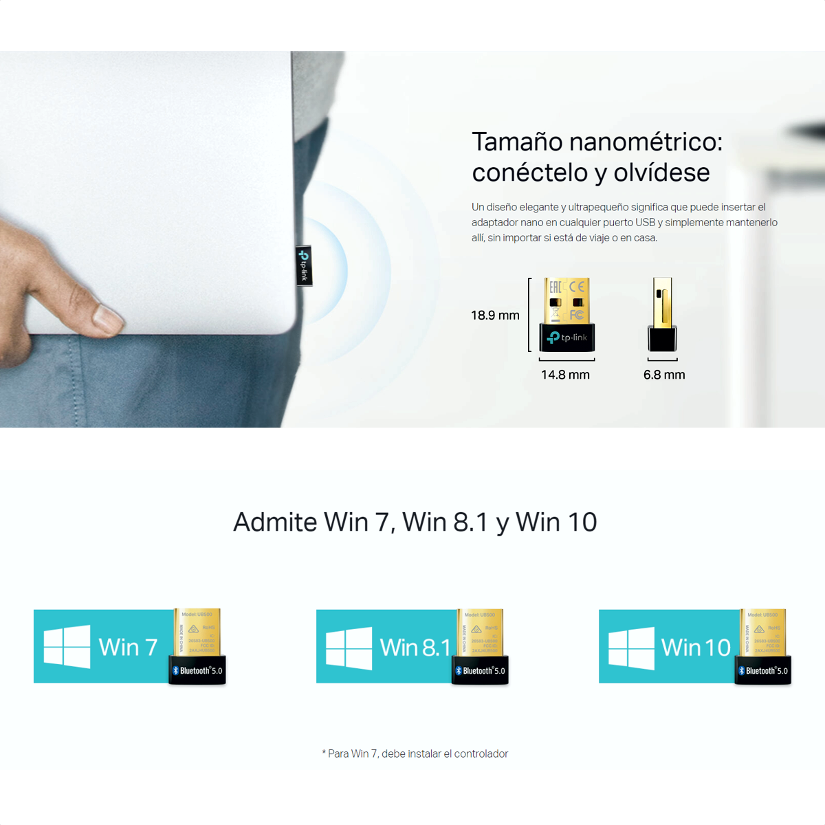 Adaptador Nano USB Bluetooth Versión 5.0, TP-Link UB500