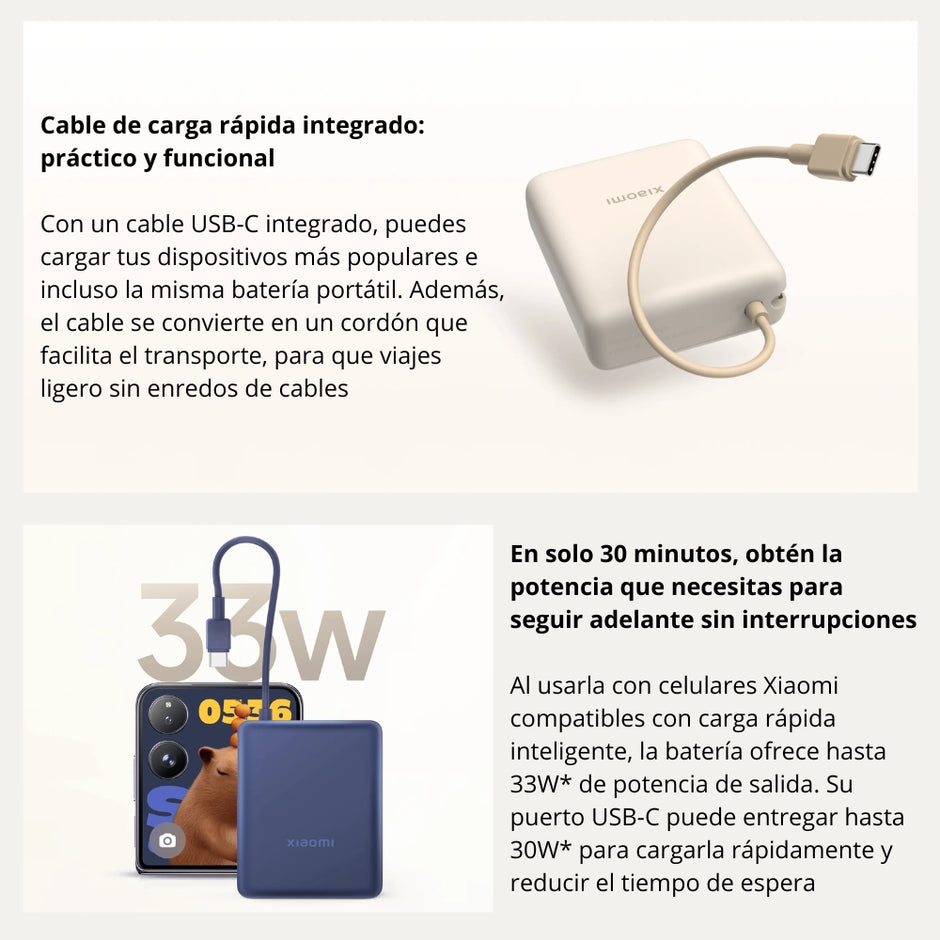 Power Bank Xiaomi 10000mAh 33W con Cable USB‑C Integrado Carga Rápida Diseño Compacto Beige