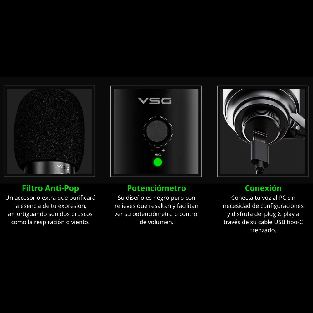 Micrófono USB VSG Omkara Mc440 Cardioide Streaming Podcast Gaming con Filtro Antipop y Trípode