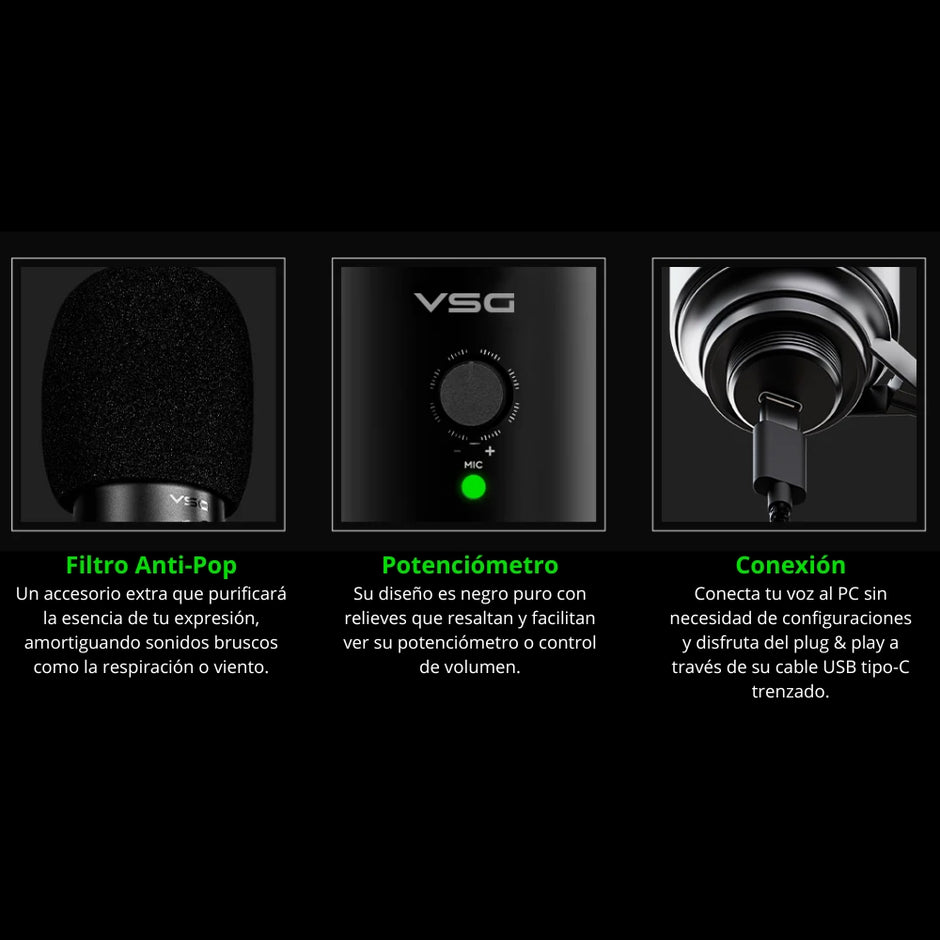 Micrófono USB VSG Omkara Mc440 Cardioide Streaming Podcast Gaming con Filtro Antipop y Trípode