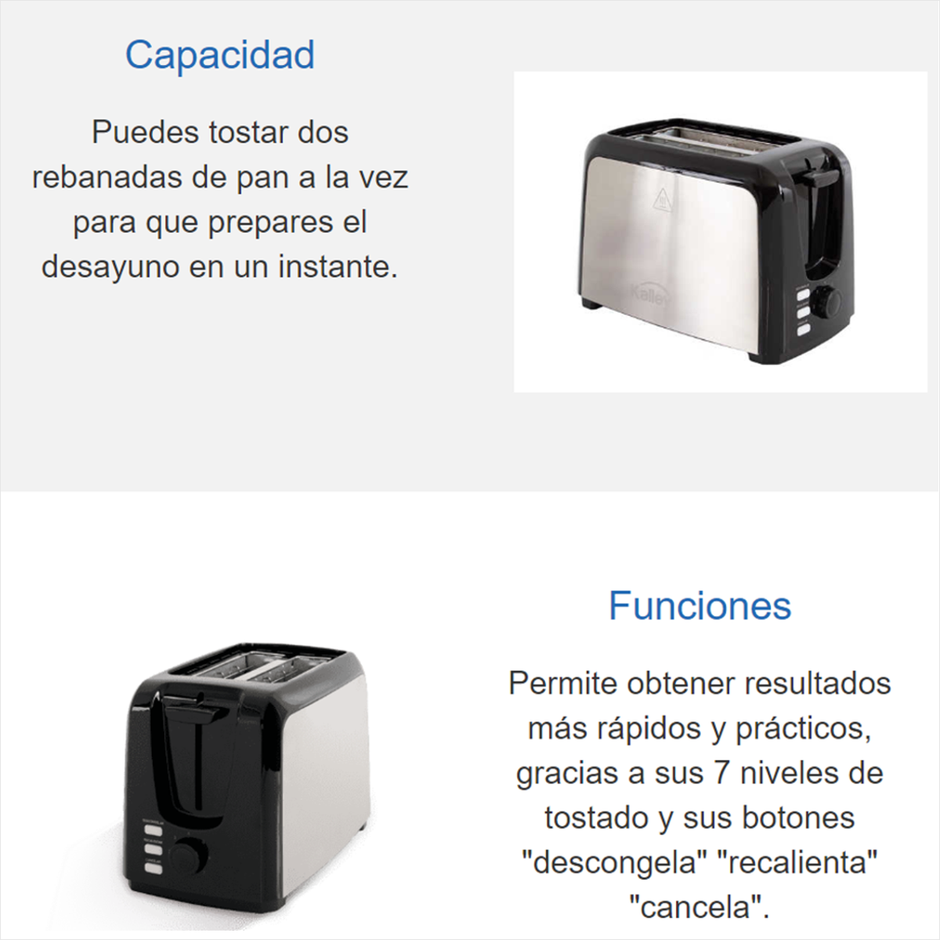 Tostadora De Pan Kalley, 2pan, 750 Watts · Garantía 2 Años