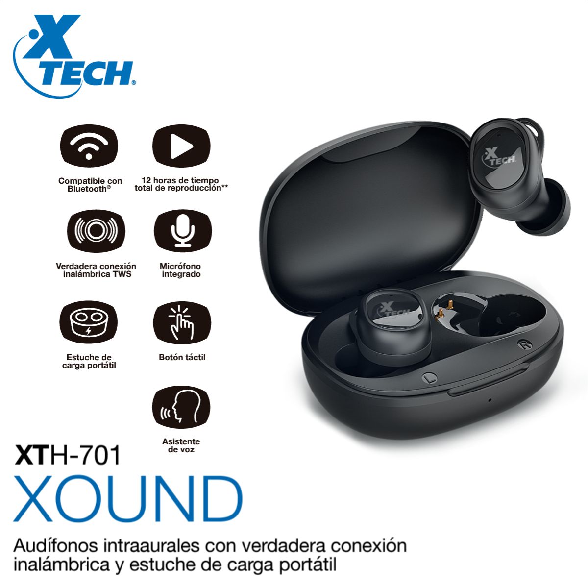Audífonos Inalámbricos Xtech XOUND XTH-701 TWS Bluetooth 5.1 con Micrófono y Estuche de Carga