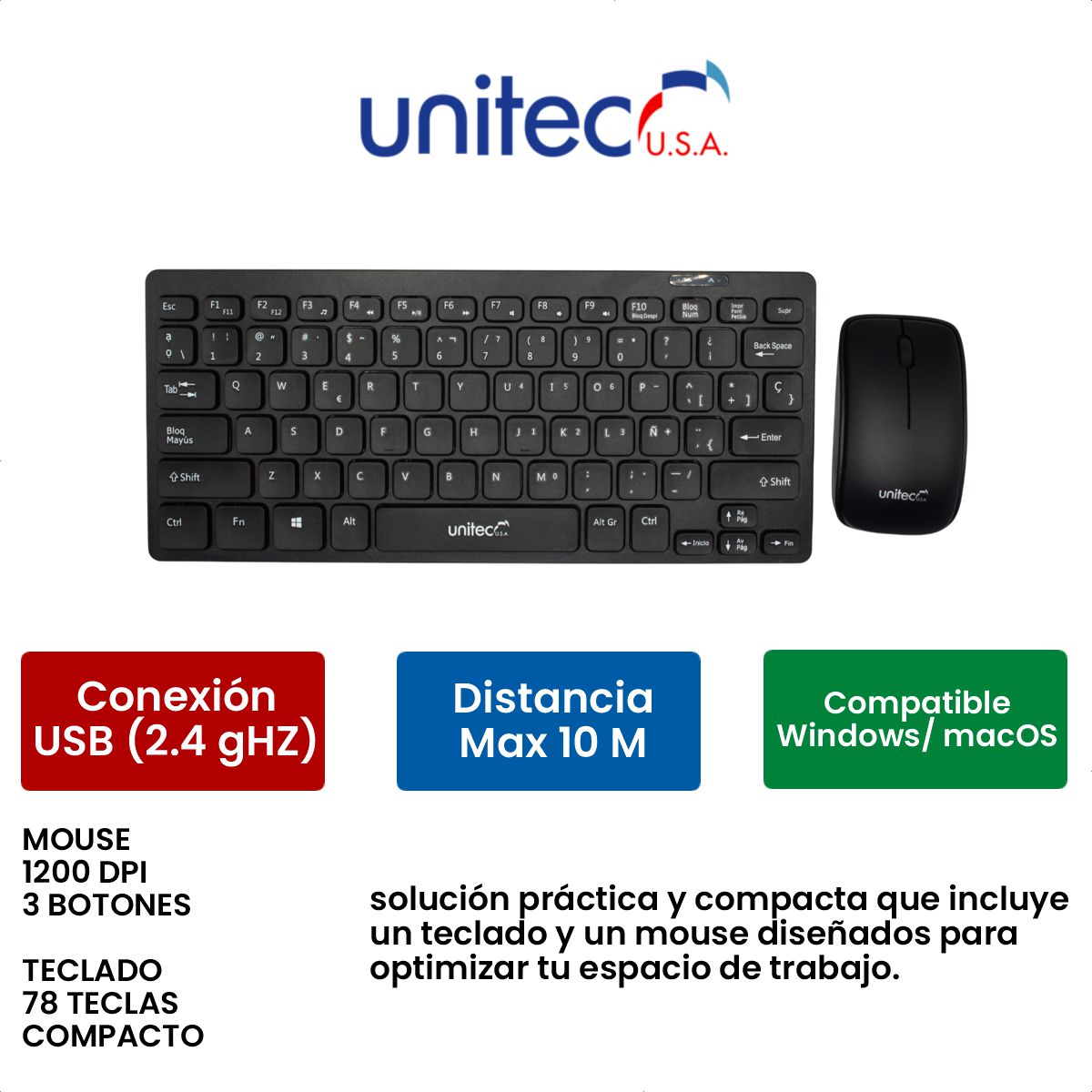 Mini Combo Unitec KT832 Teclado y Mouse Inalámbrico USB 2.4GHz Compacto con 1200 DPI