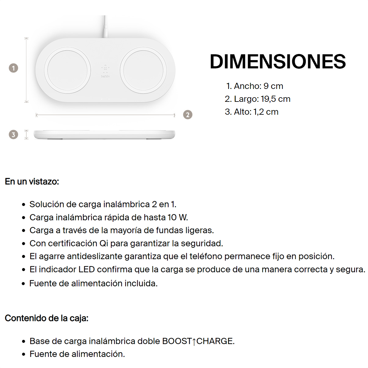 Base De Carga Inalámbrica Dual Qi 10w Belkin Boostcharge WIZ002TTWH Blanco